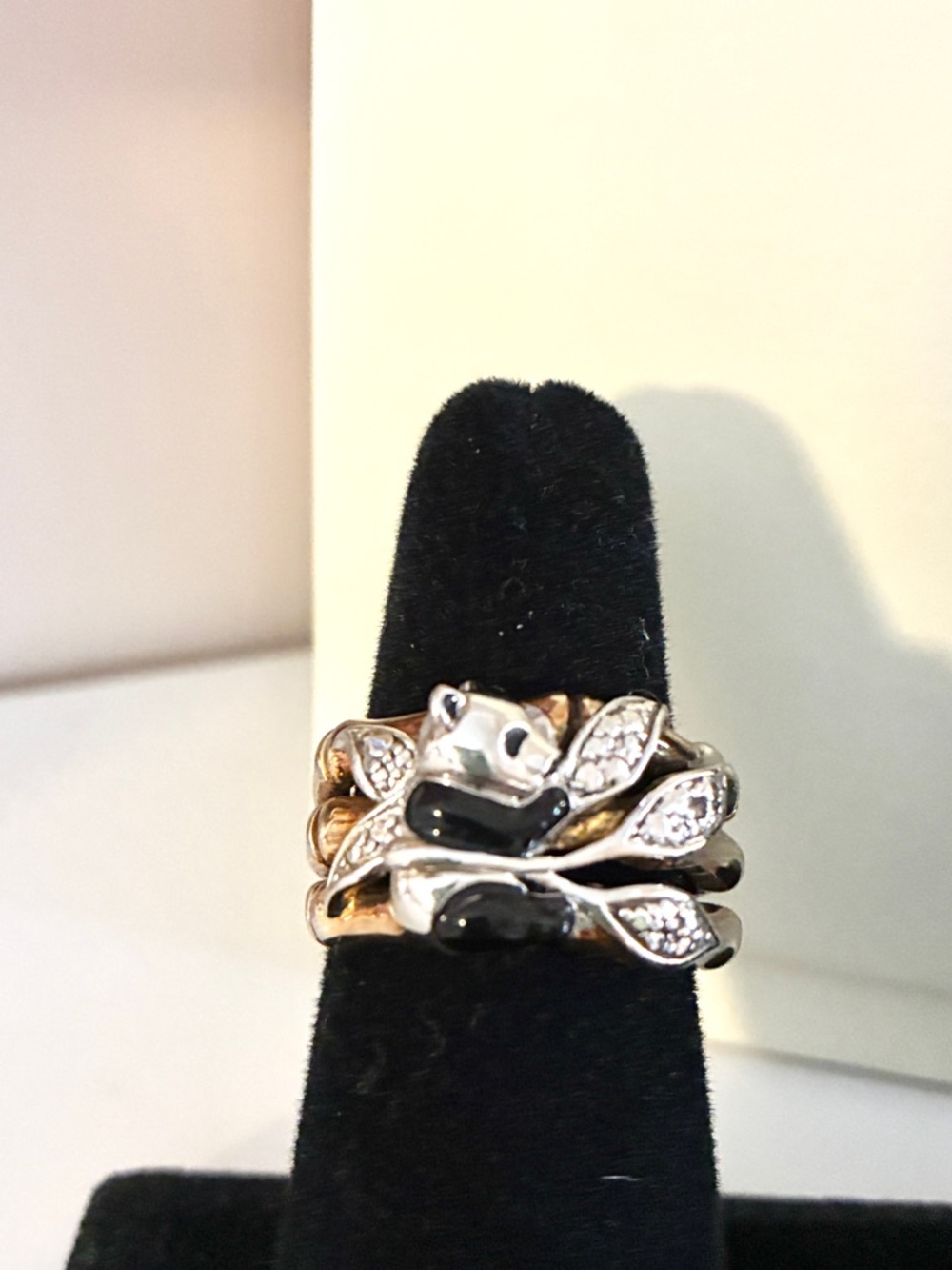 Panda Ring 925 Vermeil Enamel Leaf Bamboo